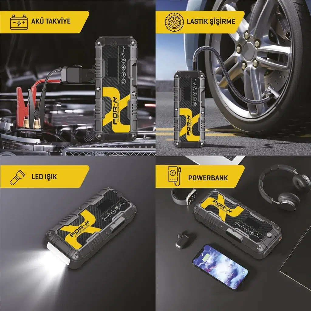 FOR-X X-12000 AKÜ TAKVİYESİ LASTİK ŞİŞİRİCİ POWERBANK LED IŞIK